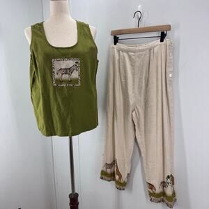 NEW Take Two Clothing Co. Linen Blend Zebra Safari Top & Pant SET sz L Tropical